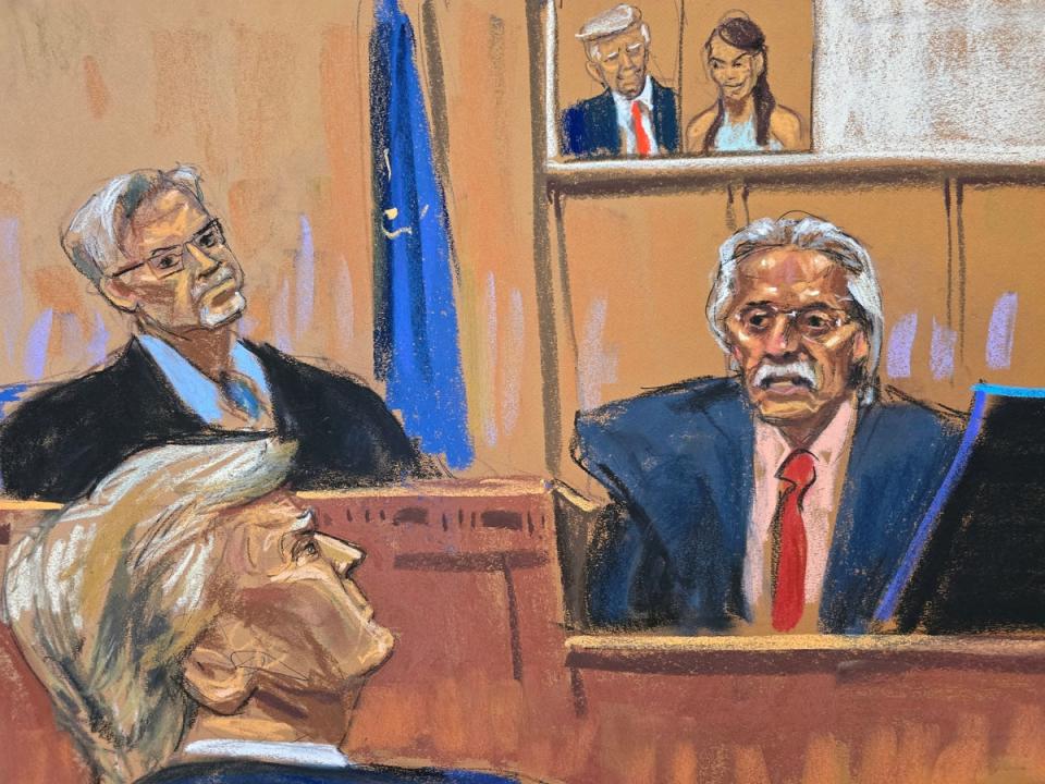 National Enquirer publisher David Pecker on the witness stand, whose exhaustive testimony took almost the entire second week in court (Jane Rosenberg/Reuters)