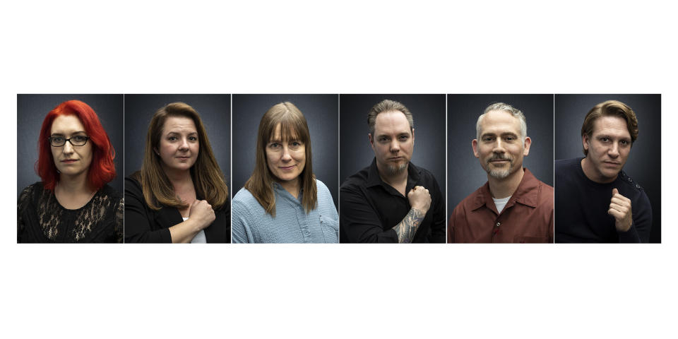 This combination photo shows, from left, entertainment publicist Annie Jeeves, event producer Heather Hope-Allison, TV producer and film director Leslie Thomas, TV and film music composer Matt Hutchinson, TV editor and filmmaker Pi Ware and celebrity hairstylist Steven Mason during separate portrait sessions in Los Angeles. The coronavirus has shut down much of Hollywood. And for the entertainment industry's many one-gig-at-a-time staff and freelance workers it's an economic disaster. (Photos by Willy Sanjuan/Invision/AP)