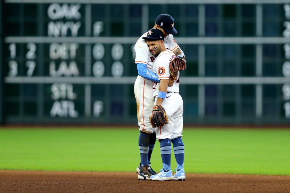 Carlos Correa and Jose Altuve celebrate an Astros win.