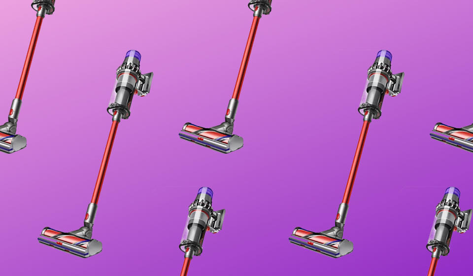 7 Dyson V11 Outsize cordless stick vacuums shown on a purple background