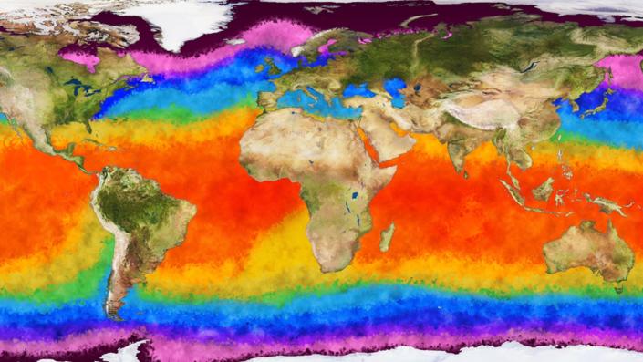  A rainbow-colored map of the world showing different sea surface temperatures across the globe. 