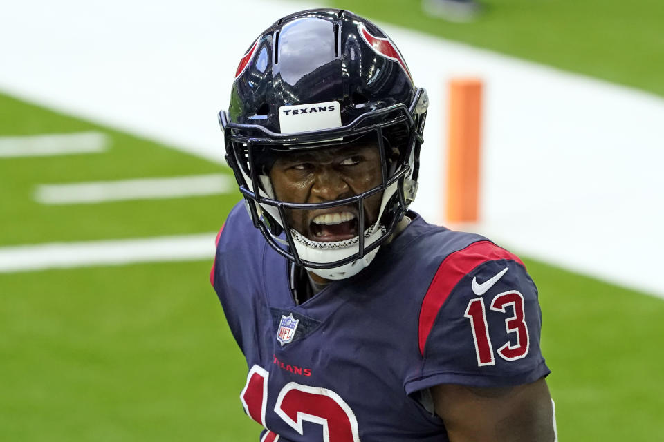 Houston Texans wide receiver Brandin Cooks celebrates after catching a touchdown pass against the Cincinnati Bengals during the first half of an NFL football game Sunday, Dec. 27, 2020, in Houston. (AP Photo/Sam Craft)