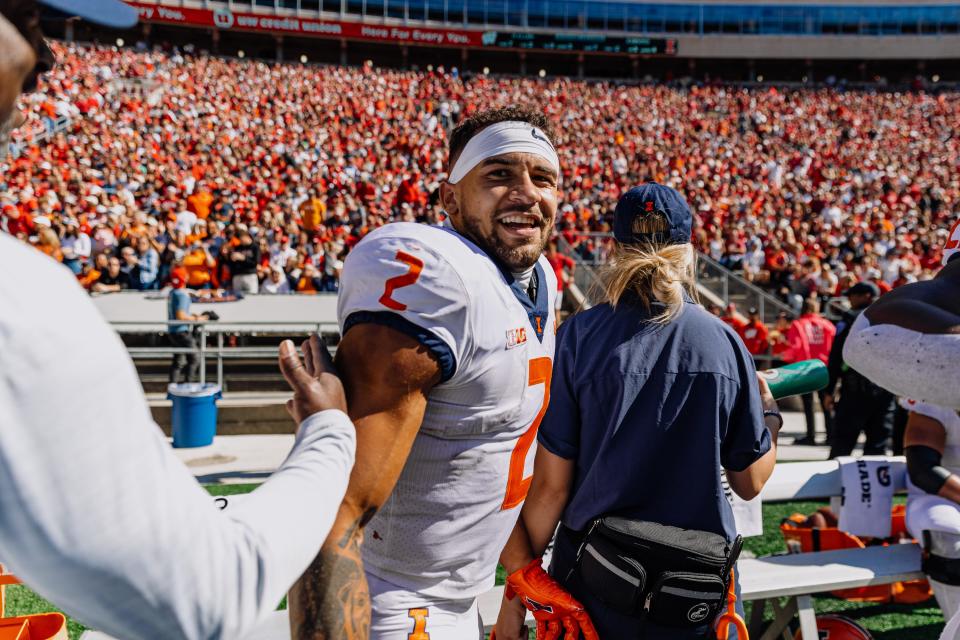 Former Saint Stephen's running back Chase Brown, now with the University of Illinois, leads the nation in rushing with 877 yards.