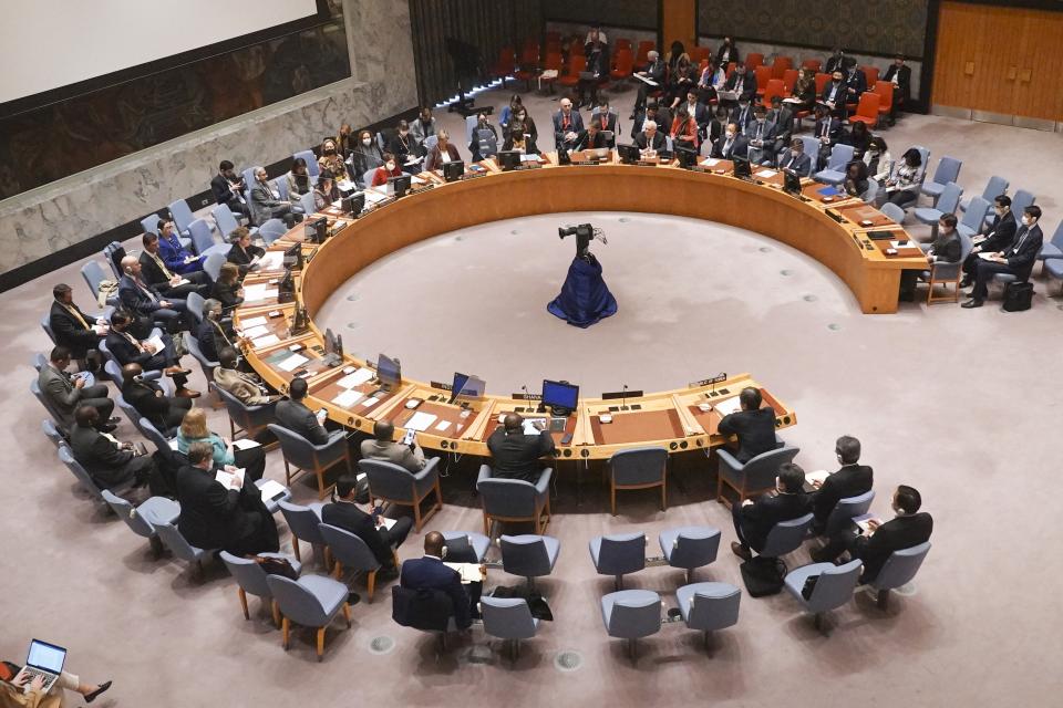 The United Nations Security Council meets concerning North Korea's test-firing of an intercontinental ballistic missile, Friday March 25, 2022 at U.N. headquarters. (AP Photo/Bebeto Matthews)