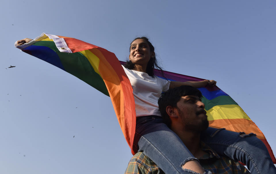 MUMBAI, INDIA - FEBRUARY 1: LGBTQ+ community members participate in Queer Azaadi March 2020 held at Azaad Maidan, on February 1, 2020 in Mumbai, India. The Queer Azaadi March this time was cut short to a gathering, after Mumbai Police denied them the permission at their long standing venue of August Kranti Maidan, from where the pride would walk around 4 kilometers and reach back the start point. However, fearing that the Anti-CAA and NRC protesters might infiltrate the Queer Azaadi March, Mumbai Police denied them the permission for August Kranti Maidan, thus limiting it to a gathering at Azaad Maidan. (Photo by Anshuman Poyrekar/Hindustan Times via Getty Images)