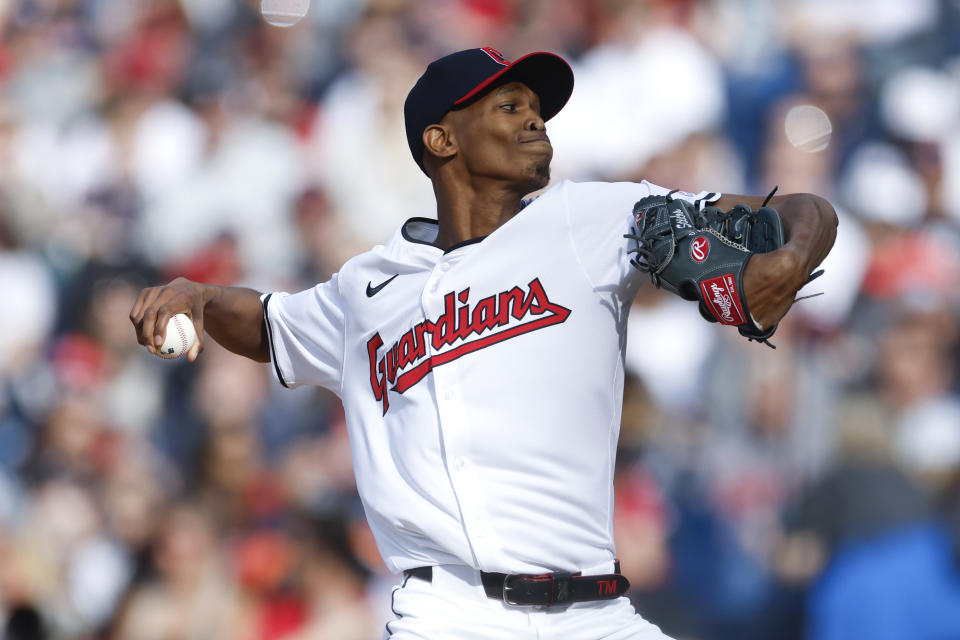 Cleveland Guardians pitcher Triston McKenzie delivers against the Chicago White Sox during the first inning of a baseball game, Monday, April 8, 2024, in Cleveland. (AP Photo/Ron Schwane)