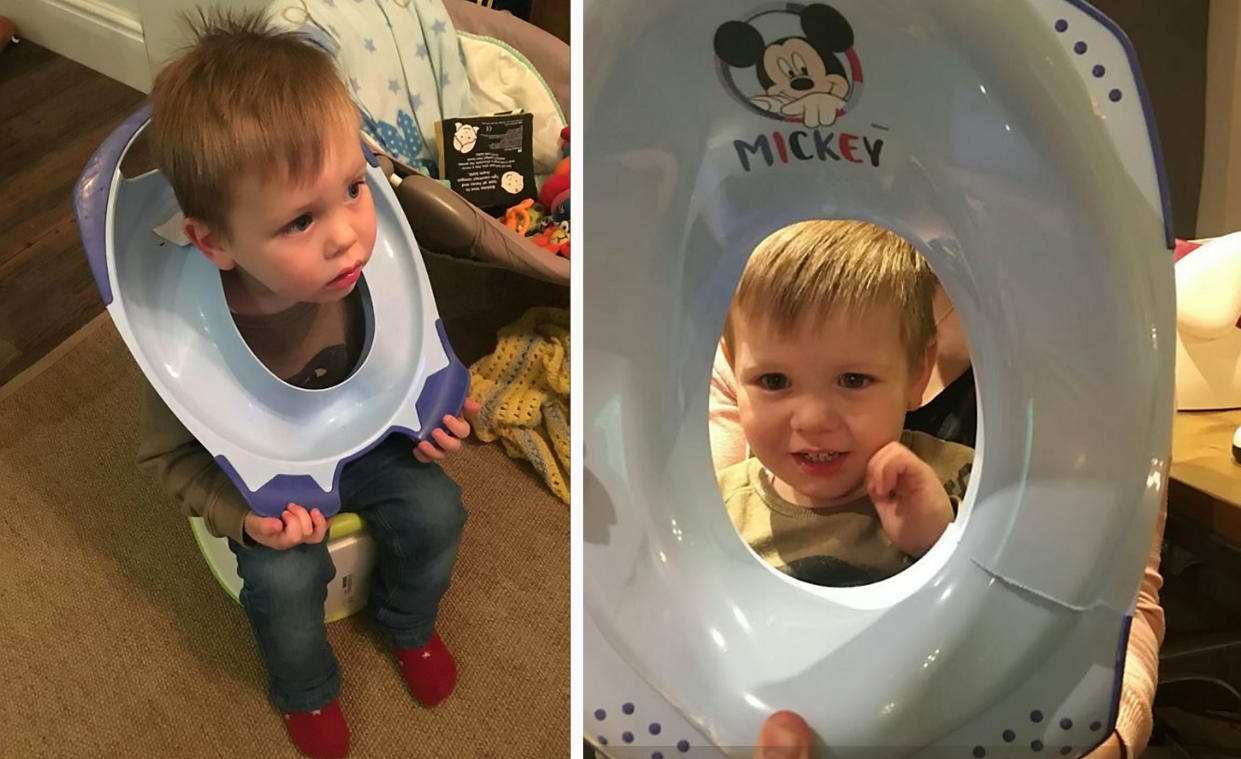 The Avon Fire and Rescue Service in Bristol, England, was called to a local home where a toddler had got his head stuck in a toilet seat. (Photo: SWNS)
