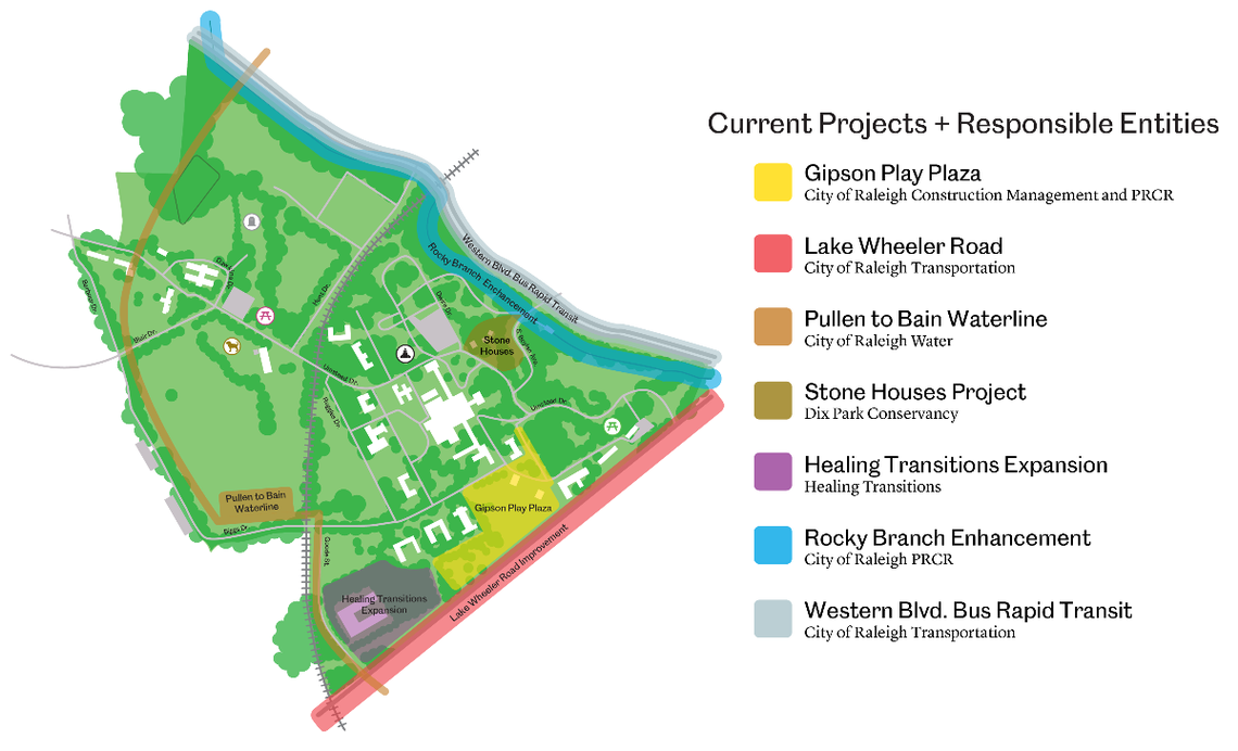 A map of the various projects underway at Dorothea Dix Park.