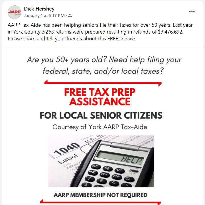 Dick Hershey cross-posted this notice about AARP’s free Tax-Aide service for those 50 years in age and above in targeted York County Facebook groups. Volunteers have been helping seniors file their taxes for more than 50 years. To seek an appointment: 717-771-9042.