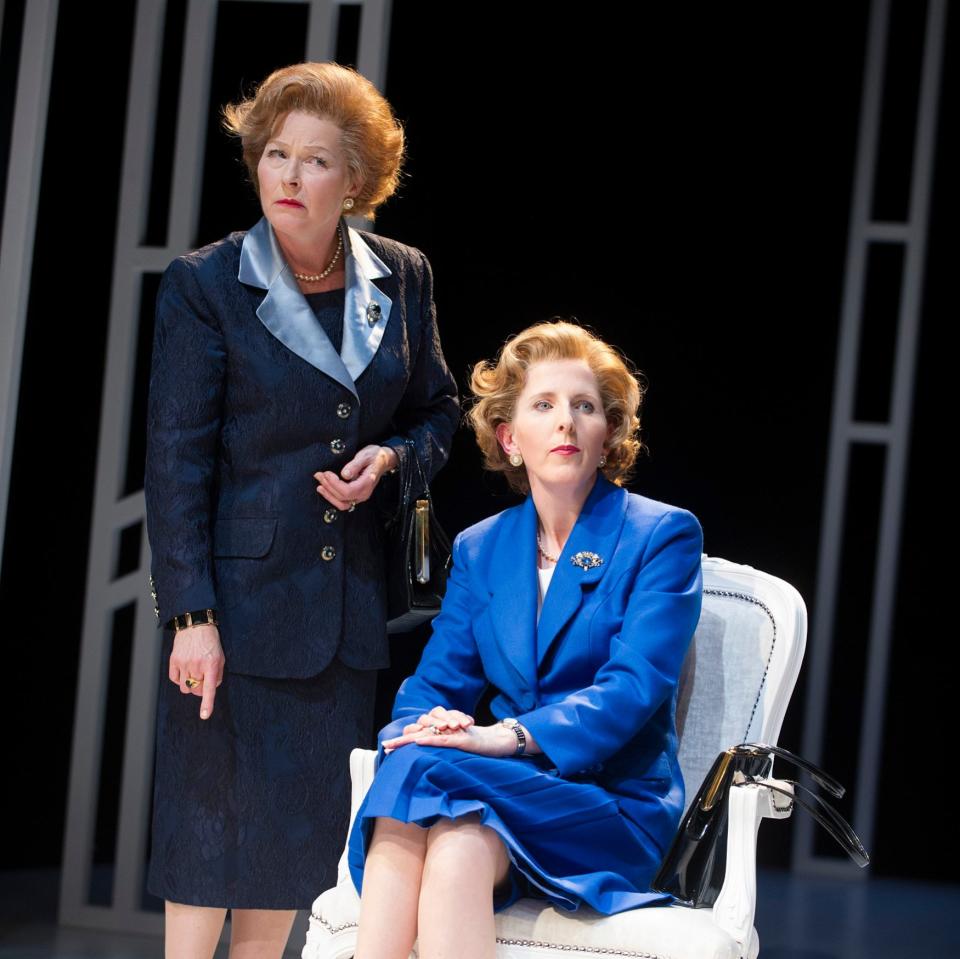 Stella Gonet and Fenella Woolgar as Margaret Thatcher in Moira Buffini's Handbagged at the Tricycle (now Kiln) Theatre - Tristram Kenton
