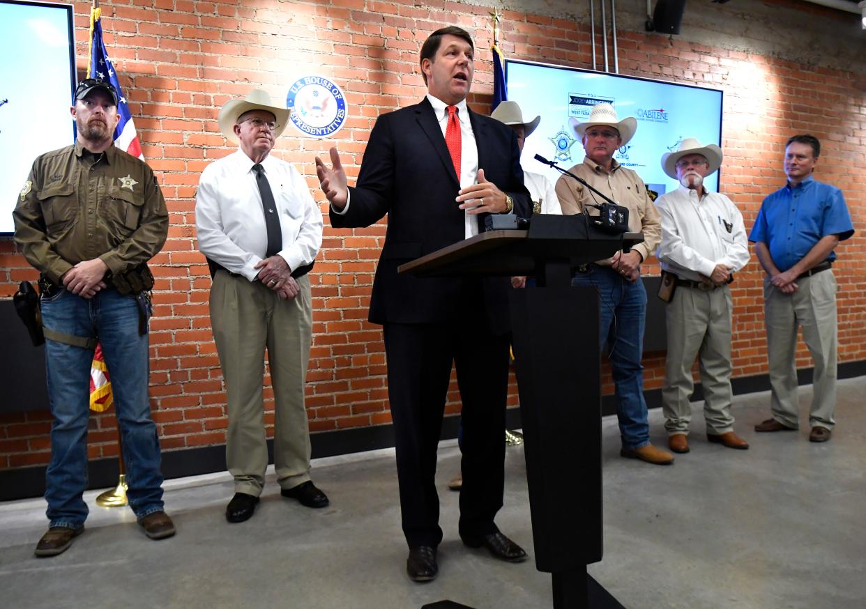 District 19 U.S. Rep. Jodey Arrington appeared with six area sheriffs, along with members of the Military Affairs Committee and other local leaders, during a news conference held at the Community Foundation of Abilene Thursday August 24, 2023. Arrington provided an update on his contributions to the National Defense Authorization Act, which he also addresses in an opinion piece in today's Abilene Reporter-News, as well as calling for more federal support against fentanyl traffickers spreading through the region.