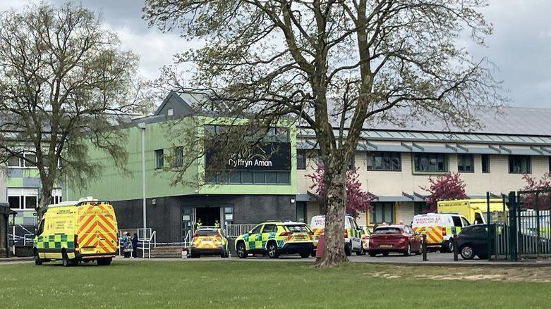 Emergency vehicles outside Ysgol Dyffryn Aman