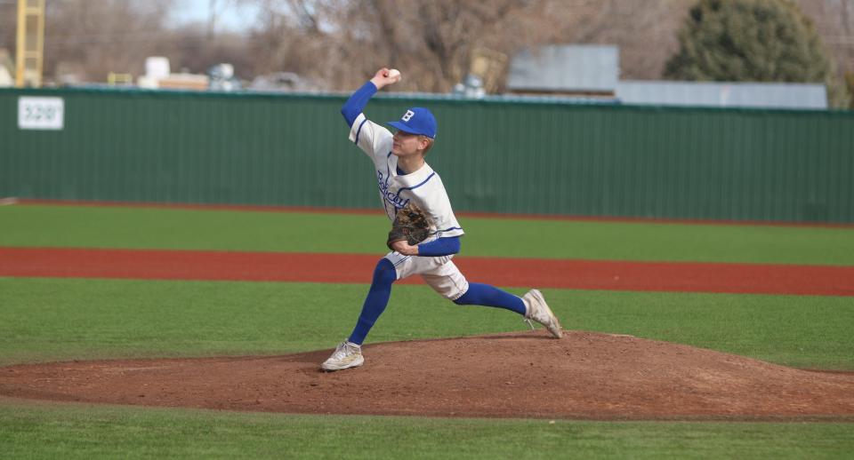 Bloomfield High's Blake Spencer throws a strike in the second inning of a baseball game against Valencia, Tuesday, March 14, 2023 at Bloomfield High School.