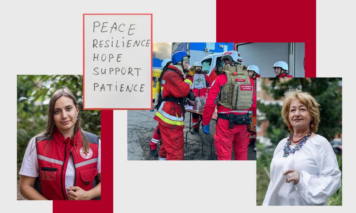 <span>Anna Didenko, head of the rehabilitation and support department of the Ukrainian Red Cross Society (left), and Valentyna, who receives support from the organisation (right).</span><span>Photograph: Oksana Parafeniuk/Mykhaylo Palinchak/Panos/British Red Cross; UCRC</span>