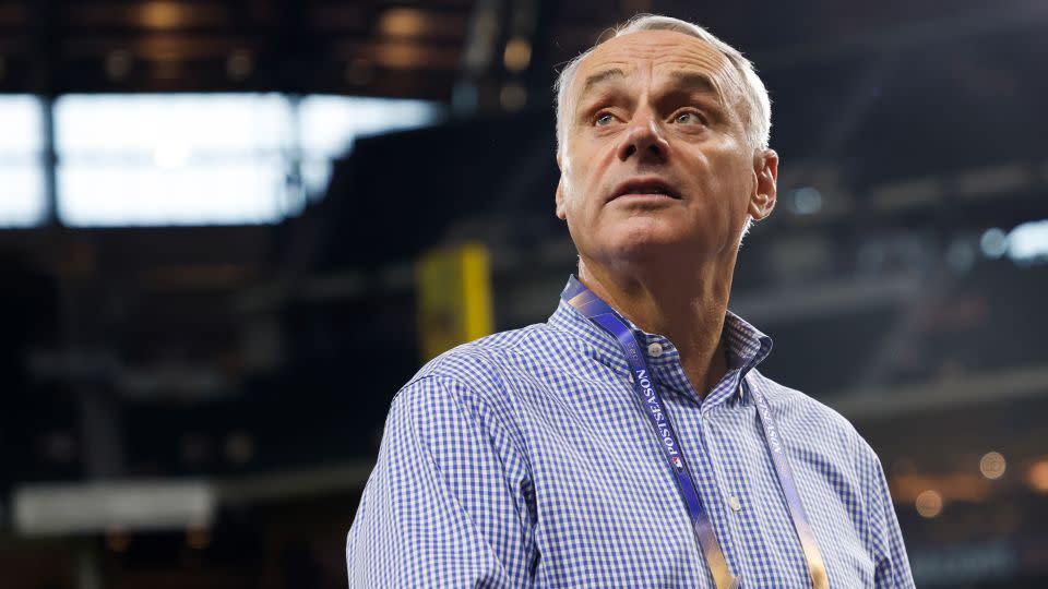 Manfred looks on prior to Game 3 of the American League Division Series between the Baltimore Orioles and the Texas Rangers. - Ron Jenkins/MLB Photos via Getty Images