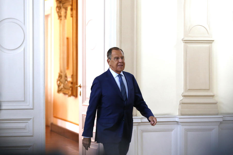 Russian Foreign Minister Sergey Lavrov arrives for talks with members of the Bosnian three-member presidency in Sarajevo, Bosnia, Friday, Sept. 21, 2018. Russia’s foreign minister is visiting Bosnia, an ethnically-divided Balkan country where Moscow has maintained strong influence among the country’s Serbs. (AP Photo/Amel Emric)