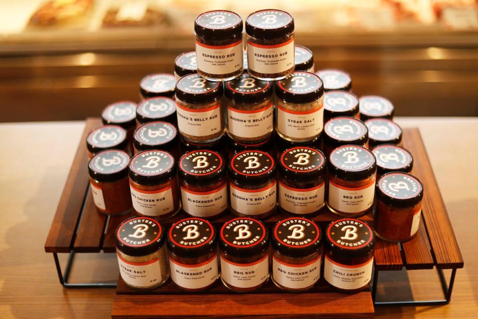 Buster’s Butcher’s in-house meat rubs and salts are arranged on a counter inside the newly opened Buster’s Butcher, at 199 S. Highland St. in Memphis, Tenn., on Aug. 18, 2023.