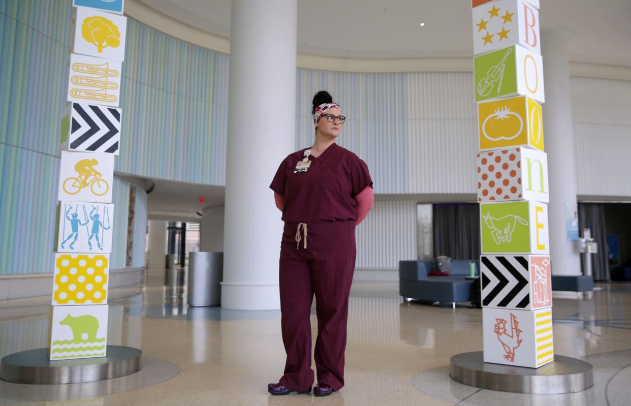 Stephanie Amundson in the lobby of the University of Iowa Stead Family Children’s Hospital in Iowa City, Iowa.