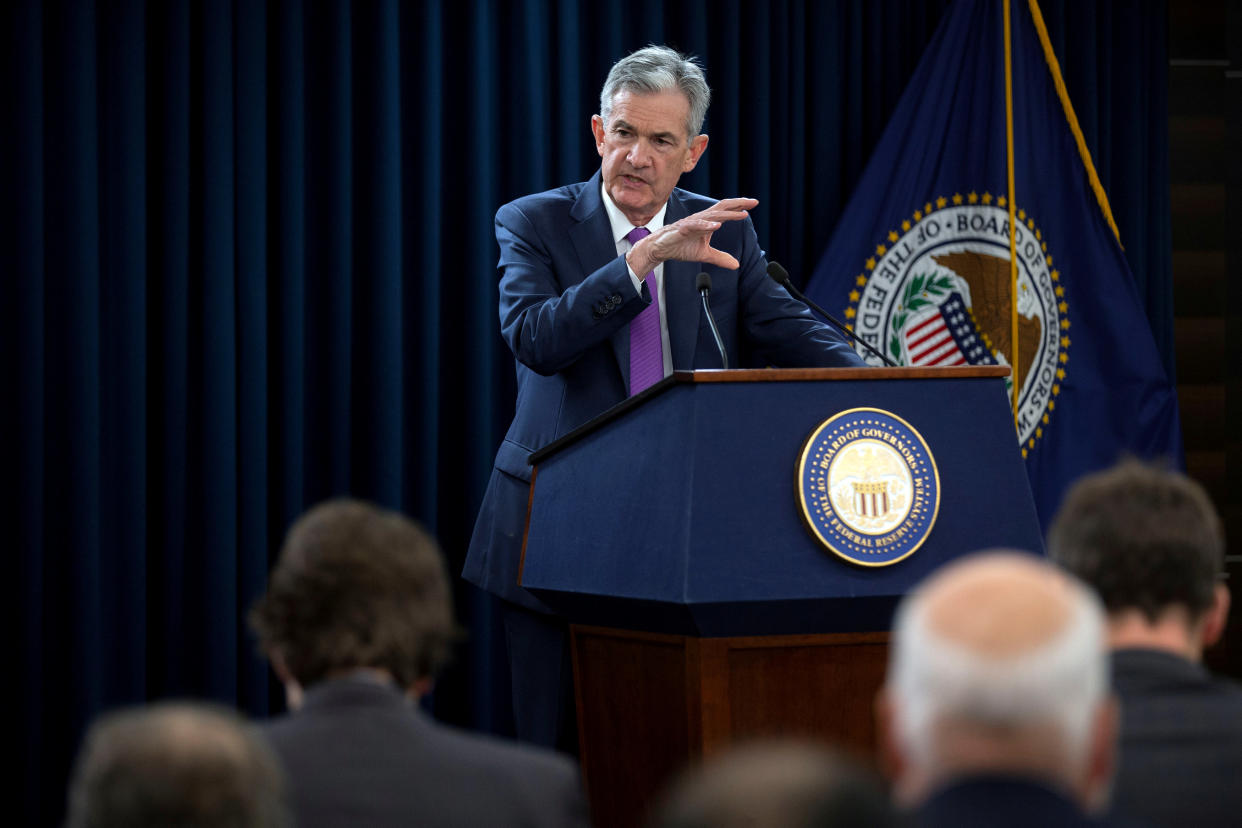 FILE PHOTO: U.S. Federal Reserve Chairman Jerome Powell holds a news conference following a two-day Federal Open Market Committee (FOMC) policy meeting in Washington, U.S., September 26, 2018. REUTERS/Al Drago/File Photo