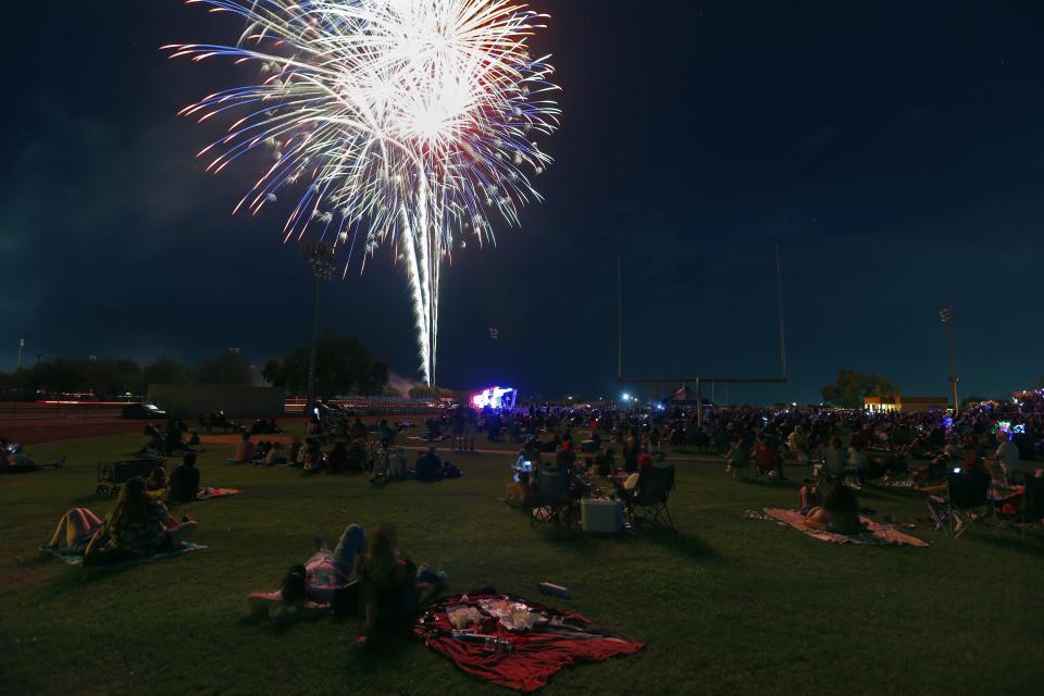 Apache Junction's Fourth of July fireworks light up the sky over Apache Junction High School on July 4, 2021.