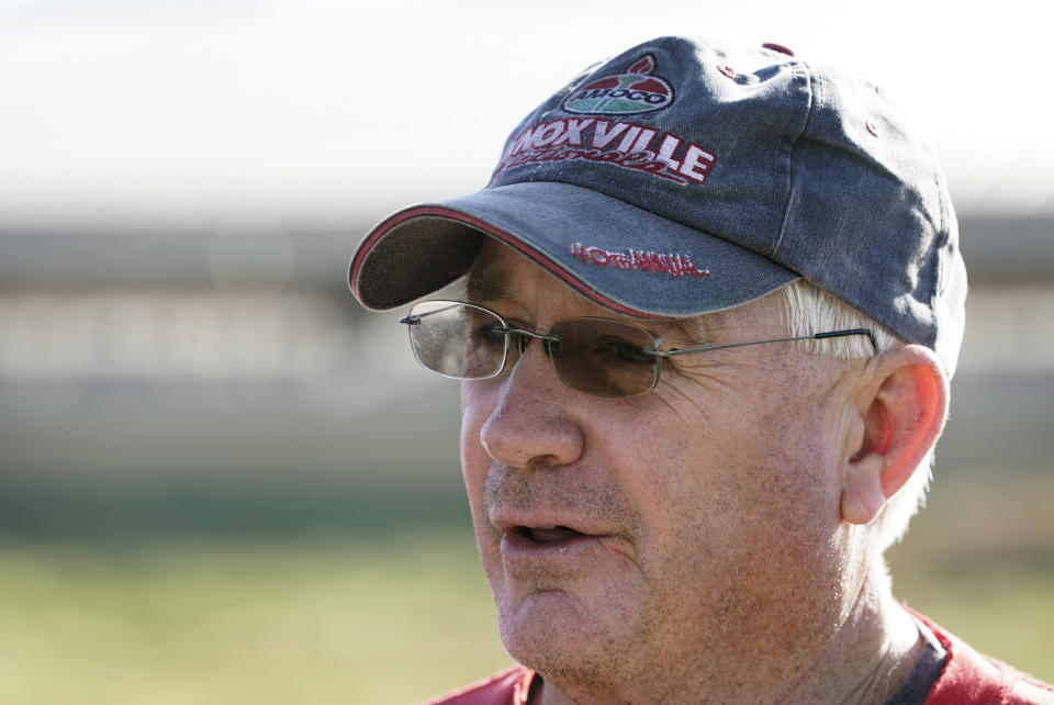 Jasper County Republican Party chairman Thad Nearmyer speaks to a journalist on his farm, Thursday, Nov. 19, 2020, near Monroe, Iowa. "It's the Trump factor," Nearmyer said about how Democrats lost House seats. "People were super excited to vote for the president." (AP Photo/Charlie Neibergall)