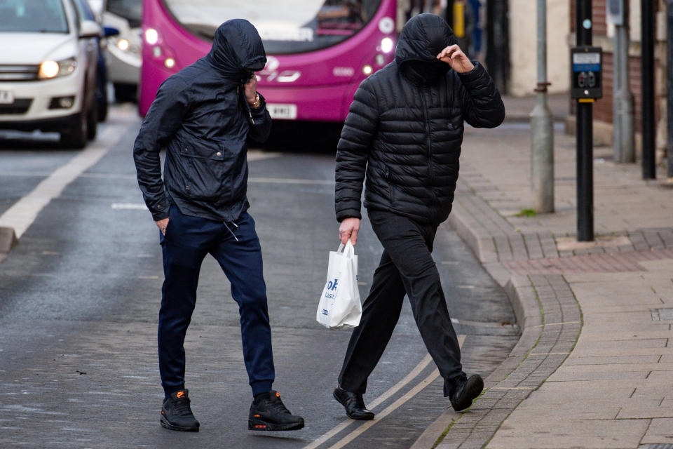 Metal detectorists George Powell (left) and Layton Davies arriving at Worcester Crown Court where they face allegations of theft after failing to declare a �3 million Anglo-Saxon hoard. PA Photo. Picture date: Wednesday November 20, 2019. Among the priceless hoard was a ninth century gold ring, a dragon�s head bracelet and silver ingot, a crystal rock pendant dating to the fifth century and up to 300 coins, some dating to the reign of King Alfred. See PA story COURTS Treasure. Photo credit should read: Jacob King/PA Wire