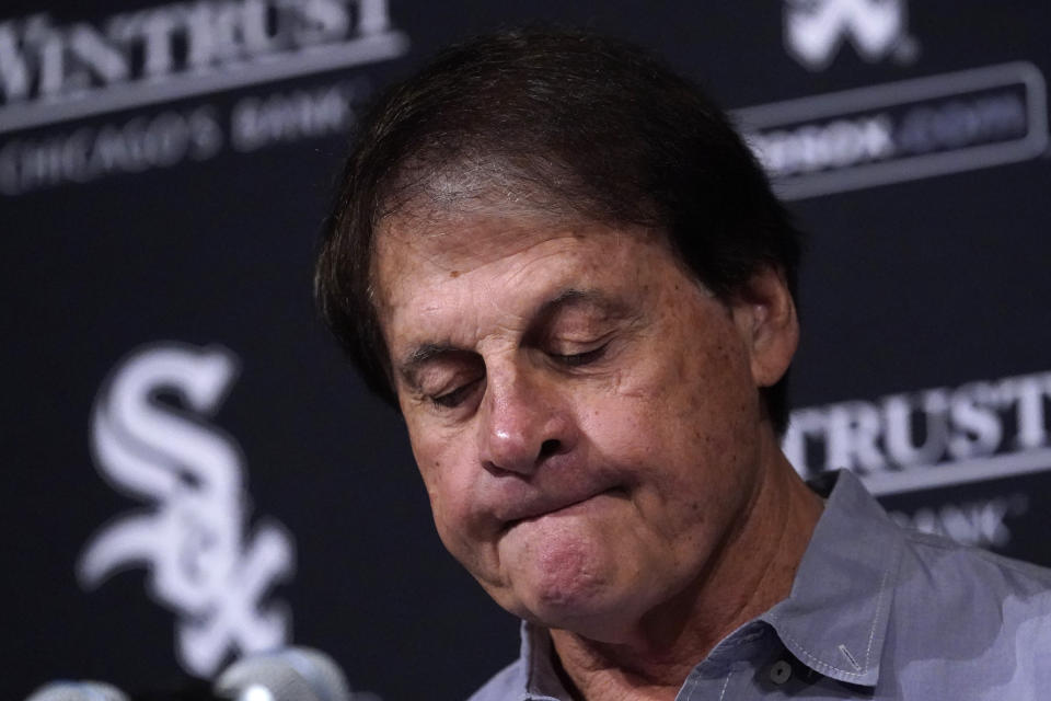 Chicago White Sox manager Tony La Russa pauses as he reads from a statement announcing his retirement from the team due to medical reason before a baseball game between the White Sox and the Minnesota Twins, Monday, Oct. 3, 2022, in Chicago. (AP Photo/Charles Rex Arbogast)