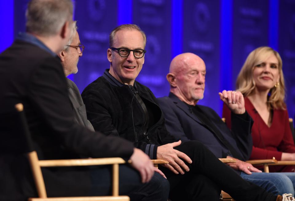 Bob Odenkirk, Jonathan Banks, and Rhea Seehorn are seen at the season six "Better Call Saul" panel at PaleyFest LA 2022.