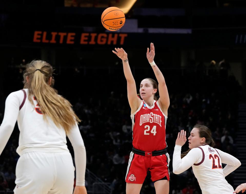 Ohio State guard Taylor Mikesell shoots over Virginia Tech center Elizabeth Kitley and guard Cayla King (22) in the second half of an NCAA Tournament Elite Eight game at Climate Pledge Arena in Seattle on Monday, March 27, 2023.