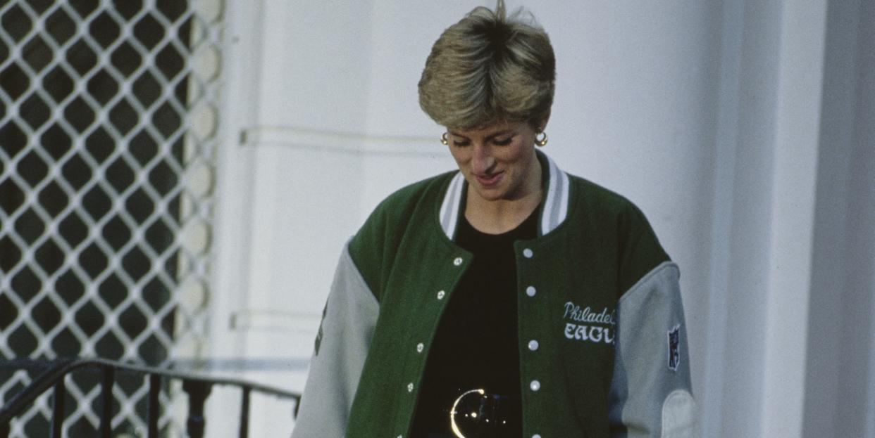 diana, princess of wales 1961 1997 wearing a philadelphia eagles jacket to drop off her son prince harry at wetherby school in london, january 1991 prince william left is leaving with her, accompanied by a friend photo by jayne fincherprincess diana archivegetty images