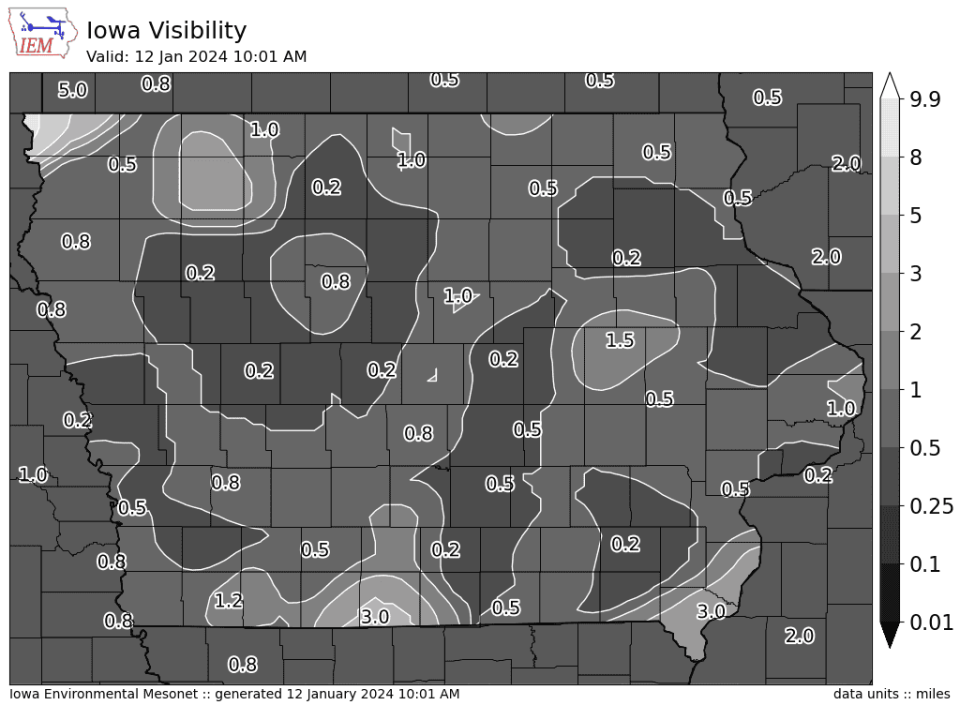 Visibility is greatly reduced in Iowa on Friday, Jan. 12, 2024. Travel is not advised in many portions of the state as blizzard conditions continue.