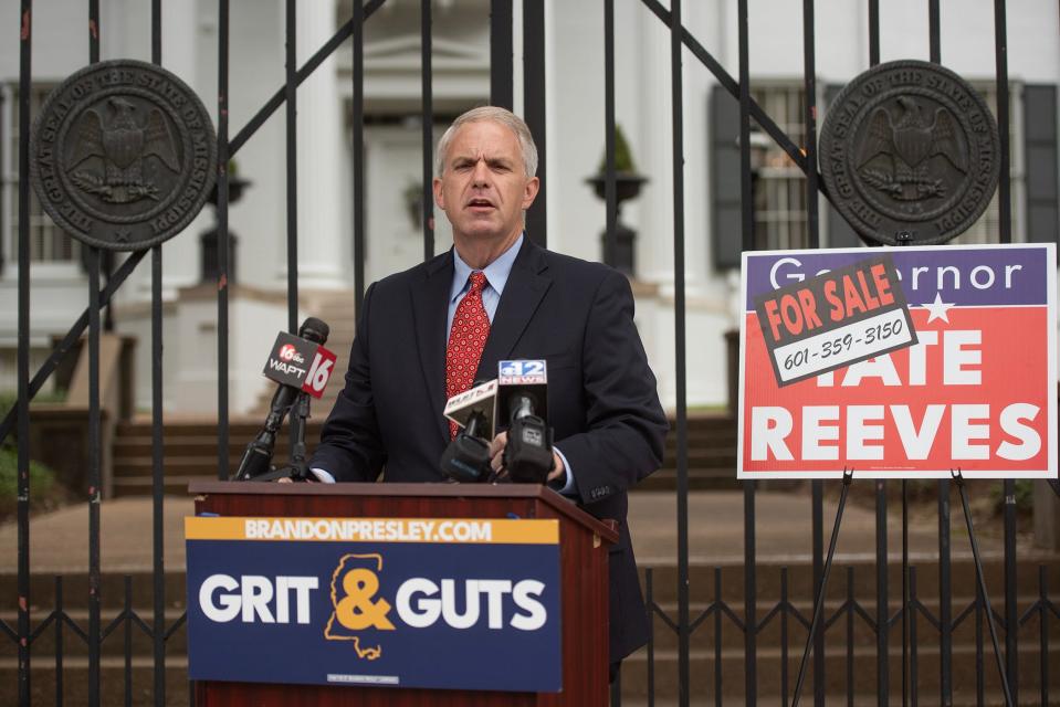 Democratic gubernatorial candidate Brandon Presley calls on Gov. Tate Reeves to return $1.7 in donations during a news conference in front of the governor’s mansion in Jackson, Miss., Monday, Aug. 28, 2023.