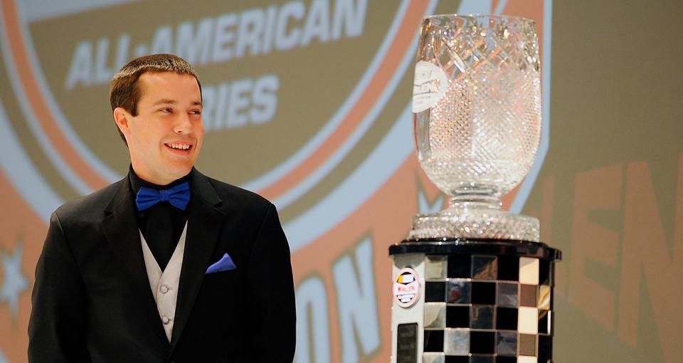 CHARLOTTE, NC - DECEMBER 07: Series champion, Lee Pulliam shares a smile during the NASCAR Whelen All-American Series Awards in the Charlotte Convention Center at the NASCAR Hall of Fame on December 7, 2012 in Charlotte, North Carolina. (Photo by Jared C. Tilton/Getty Images) *** Local Caption *** Lee Pulliam