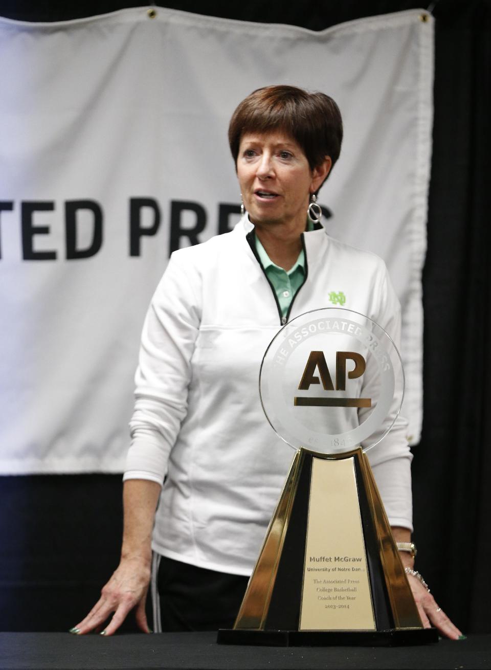 The Associated Press basketball coach of the year Notre Dame head coach Muffet McGraw speaks to the media after practice before the women's Final Four of the NCAA college basketball tournament, Saturday, April 5, 2014, in Nashville, Tenn. (AP Photo/Mark Humphrey)