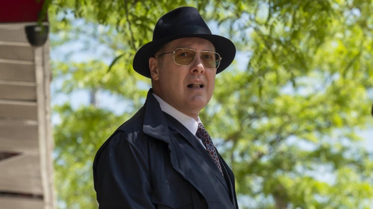  Red Reddington in sunglasses outdoors in the blacklist season 8. 