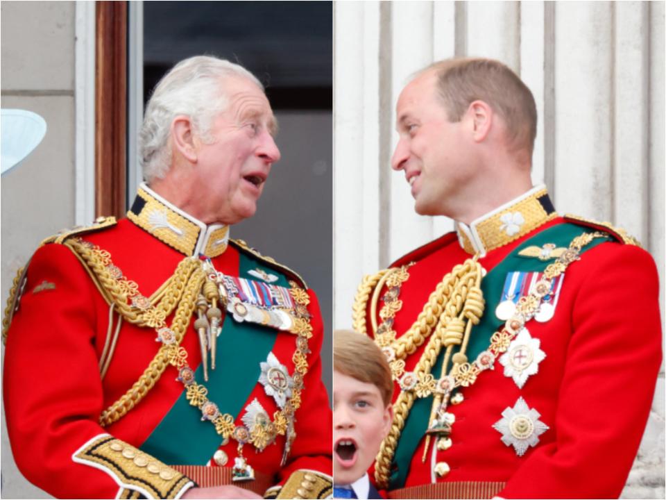 Charles and smiling looking to the right in a red military uniform and William smiling and looking to the left in the same uniform.