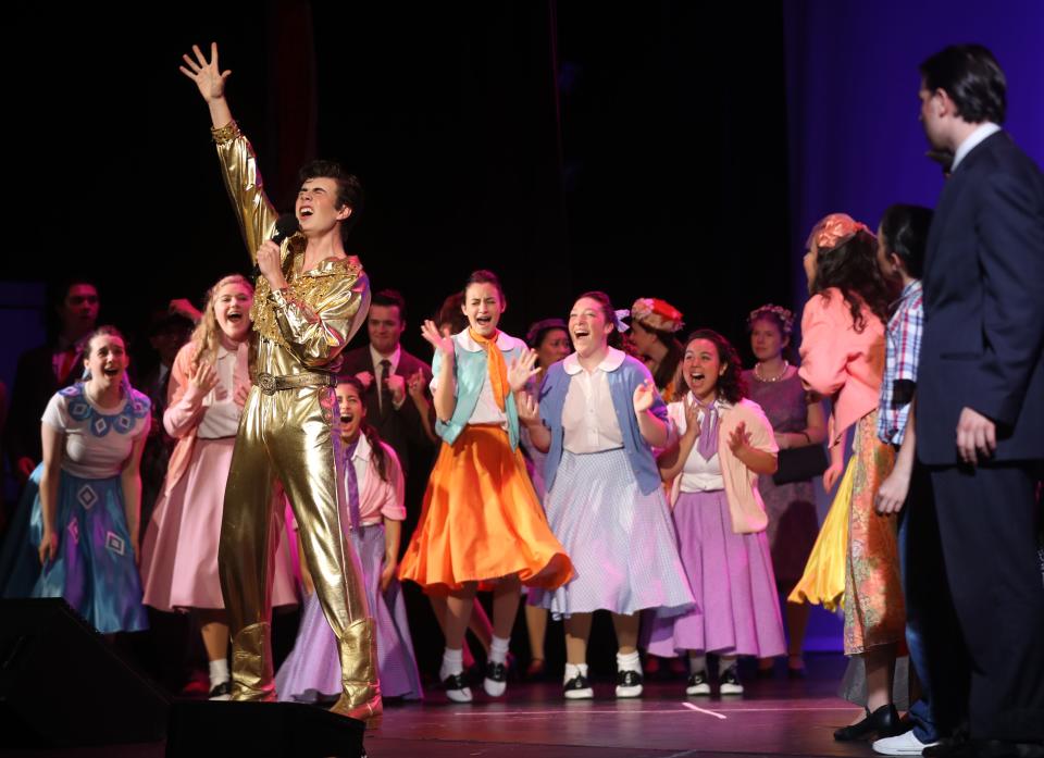 Alejandro Martinez as Conrad Birdie performs at the 2023 Metro Awards with the company of Pleasantville's "Bye Bye Birdie." When Martinez said "Suffer," there was swooning all over the stage.