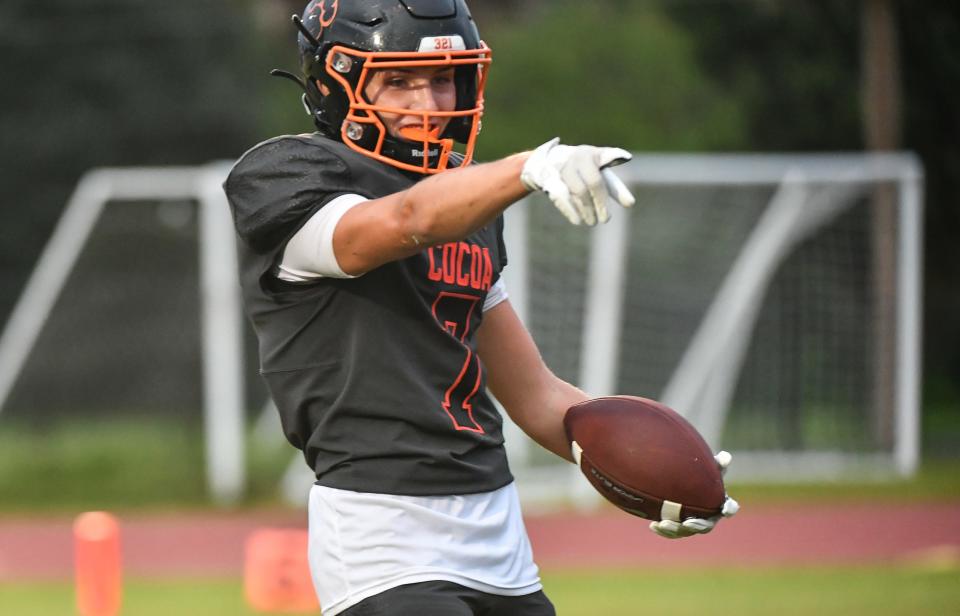 CJ Bragg of Cocoa scores a touchdown against Satellite in the 2023 season opening football kickoff classic Thursday, August 17, 2023. Craig Bailey/FLORIDA TODAY via USA TODAY NETWORK