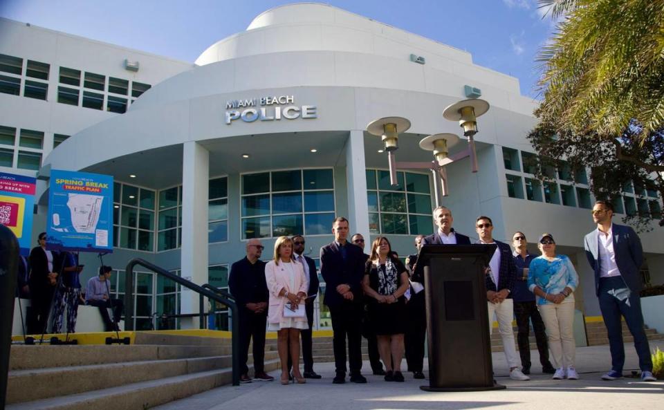 Miami Beach Mayor Steven Meiner is joined by other Miami Beach elected officials during a press conference in front of the Miami Beach Police Department in South Beach on Feb. 15, 2024.