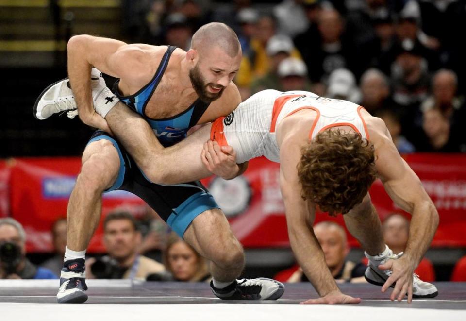 Thomas Gilman controls Daton Fix in a 57 kg semifinal bout during the U.S. Olympic Team Trials at the Bryce Jordan Center on Friday, April 19, 2024.