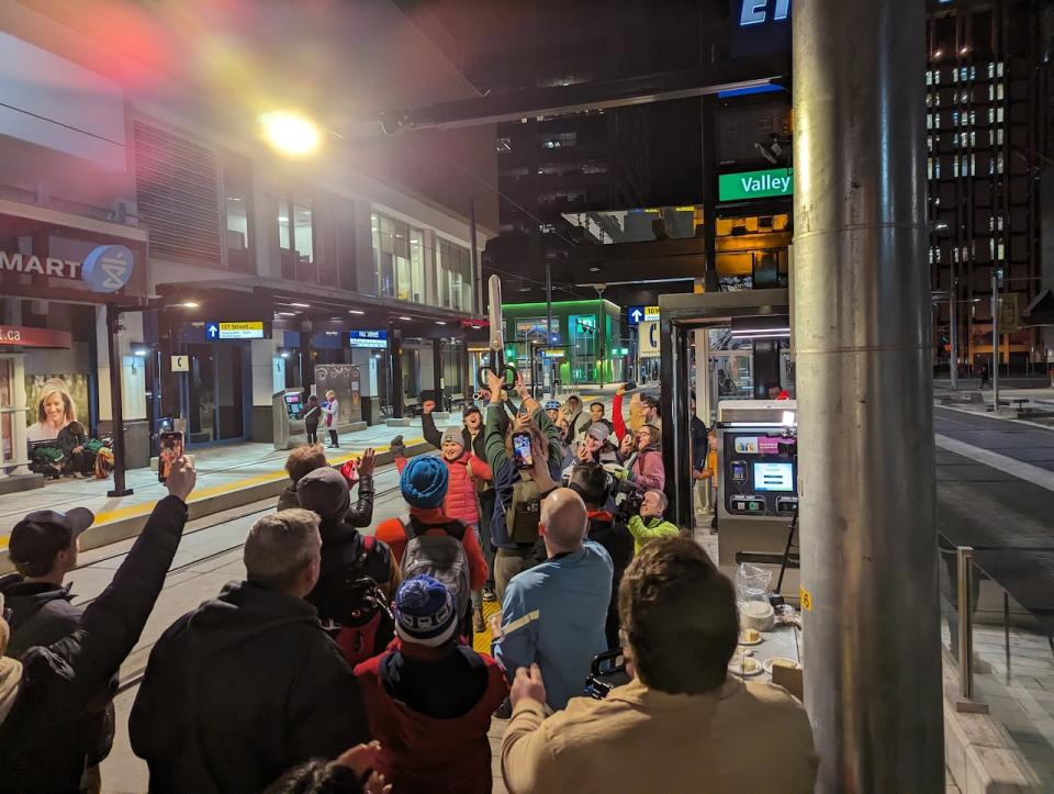 Hundreds of Edmontonians waited at the 102 Street stop for the inaugural train on the Valley Line Southeast LRT, on Saturday November 4, 2023