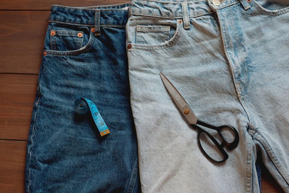 old jeans upcycling idea crafting with denim, recycling old clothers, hobby, diy activity