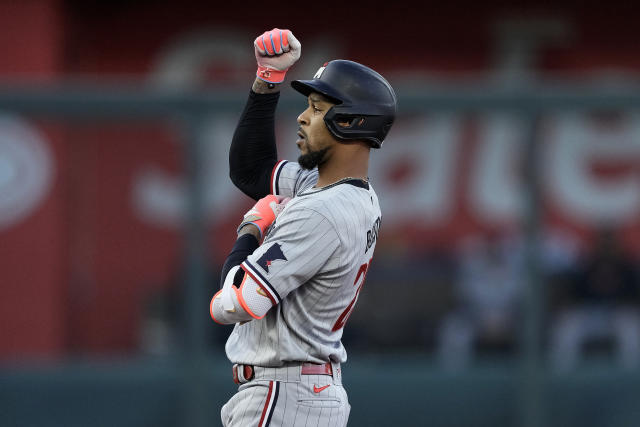 Byron Buxton of the Minnesota Twins celebrates after hitting a