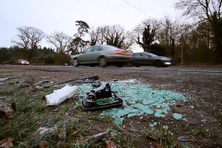 Debris is shown at the scene where Britain's Prince Philip was involved in a traffic accident, near the Sandringham estate in eastern England, Britain, January 18, 2019. REUTERS/Chris Radburn