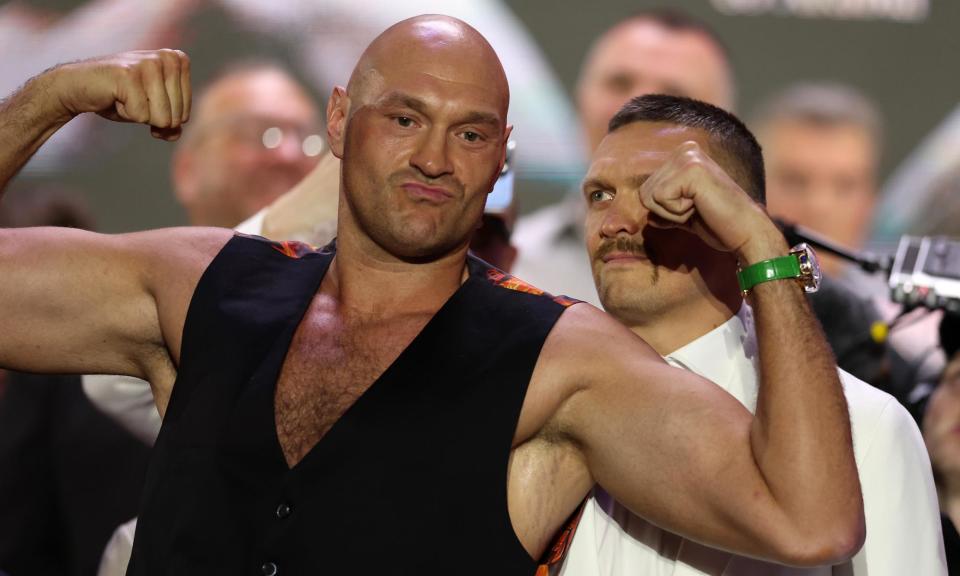 <span>Tyson Fury and Oleksandr Usyk at the press conference before Saturday’s big fight. </span><span>Photograph: Richard Pelham/Getty</span>