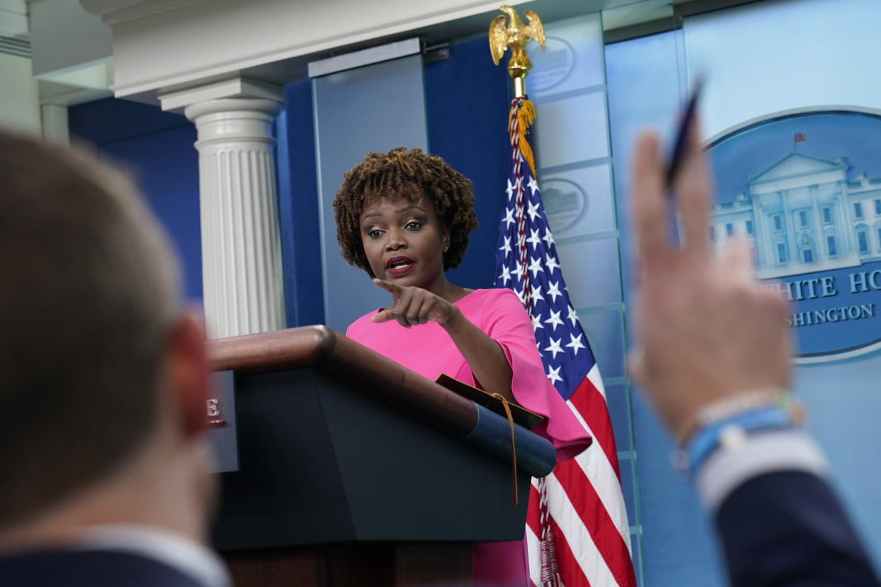 White House press secretary Karine Jean-Pierre speaks to reporters during the daily briefing. (AP)