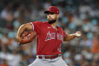 Los Angeles Angels pitcher Patrick Sandoval throws against the Detroit Tigers in the seventh inning of a baseball game in Detroit, Friday, Aug. 19, 2022. (AP Photo/Paul Sancya)