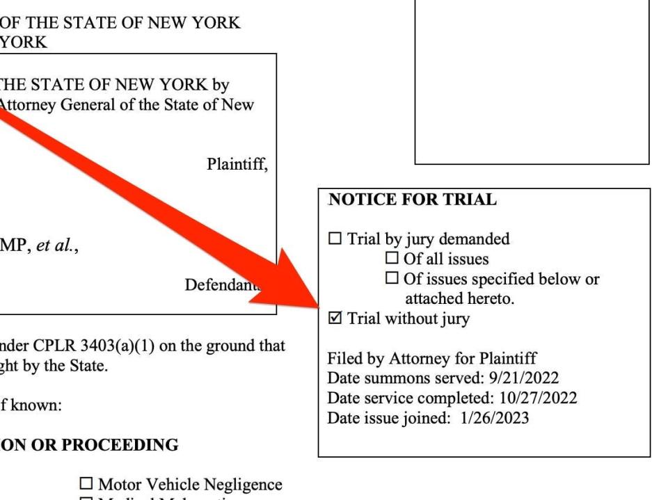 A screenshot of a trial document with a red arrow pointing to a ticked box for "Trial without jury."