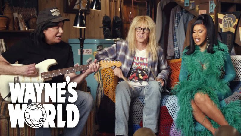 Rapper Cardi B appears with Mike Myers and Dana Carvey as their "Wayne's World" characters