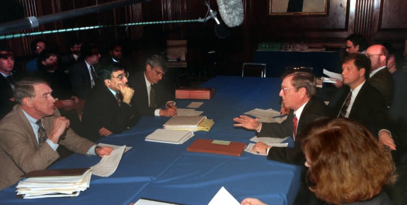 Sen. Pete Domenici, R-N.M., gestures during a meeting with administration officials during a budget impasse December 30, 1995. On January 5, 1996, the longest U.S. government shutdown ended after 21 days when Congress passed a stopgap spending measure that would allow federal employees to return to work. File Photo by John Harrington/UPI